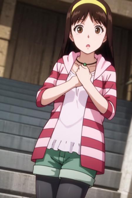 46603-2277039421-miyukiot, 1girl, solo, hairband, necklace, striped hoodie, pink shirt, open mouth, hood, green shorts, pantyhose, legwear under.png